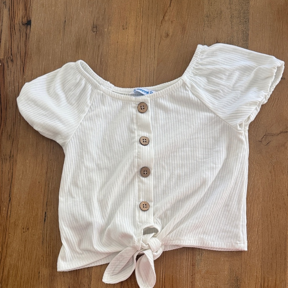 White Ribbed Tie-Front Button Crop Top